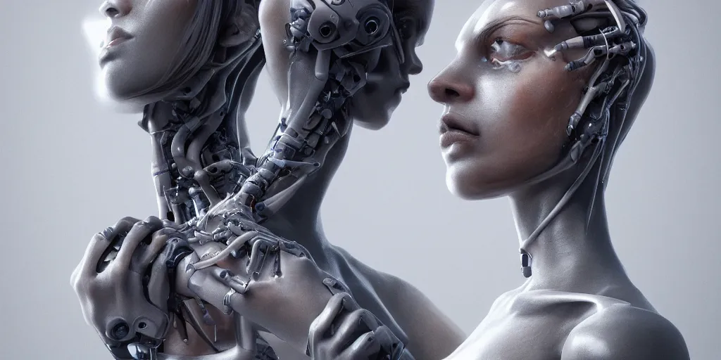 Image similar to photorealistic gorgeous symmetrical female cyborg, holding intimately, holding hands, highly detailed, arms, back, intricate, in the style of beth cavener, jin kagetsu, wlop, masterpiece, concept art, high key lighting, ambient lighting, octane render, 8 k, artstation