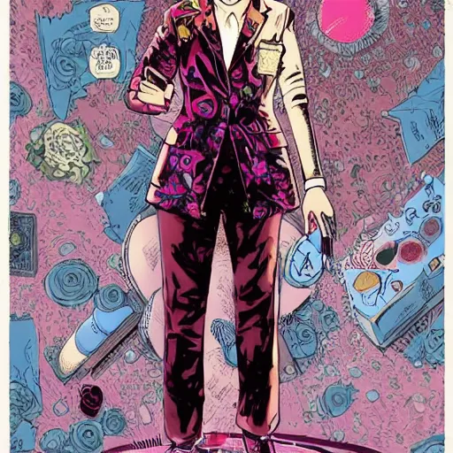 Prompt: rosamund pike with dark - hair as the doctor, wearing a colourful floral pattern three - piece suit, complementary colours, 2 d matte, graphic novel, art by laurie greasley and mike mignola,