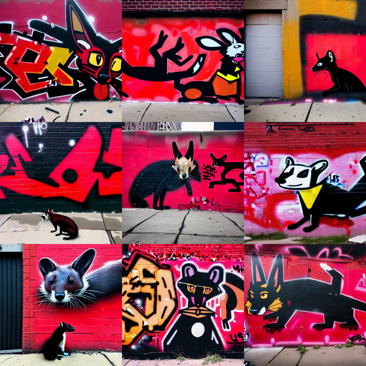 Prompt: photo [ far ], subject [ furry _ fandom _ fursona _ original _ character ( red - black _ palette, anubis _ weasel - ferret - stoat ) ], medium [ graffiti, wall ], location [ chicago ( alley ) ]