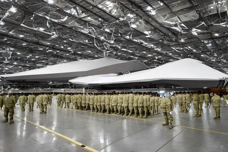 Prompt: photo of a floating alien spaceship in a large hanger, tethered to the ground, flood lit, military personnel surrounding.