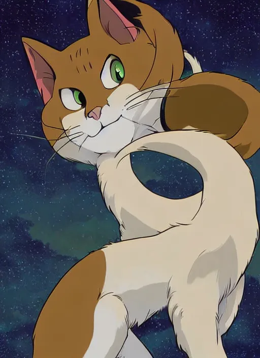 Image similar to official digital painting artwork of a cat character by don bluth, ross tran and studio ghibli.