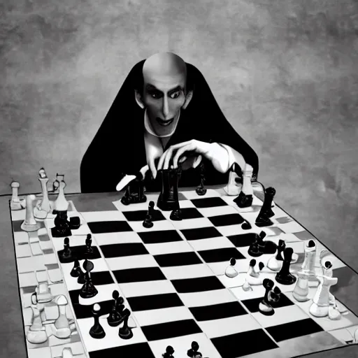Prompt: Dracula melancolicly play chess, award winning photo