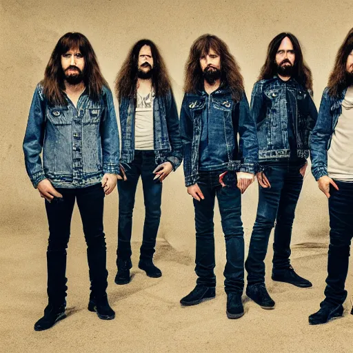 Image similar to Proto-metal band, long shaggy hair, double denim, 2022 photograph, band promo, HD photograph