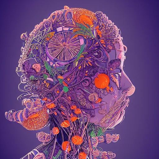 Image similar to the head of an incredibly beautiful and elegant woman partially made of carrots and blueberries, an ultrafine detailed illustration by james jean, final fantasy, intricate linework, bright colors, behance contest winner, vanitas, angular, altermodern, unreal engine 5 highly rendered, global illumination, radiant light, detailed and intricate environment