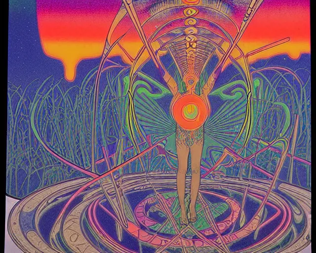 Image similar to 1968 psychedelic, tarot cards, cut out collage, neon Greek, dusk on Jupiter, epic theater, deep jungle texture, aquatic plants, Jugendstil drawings, in part by Alex Grey, part by Moebius, composition William S Boroughs, written by Michael Ende