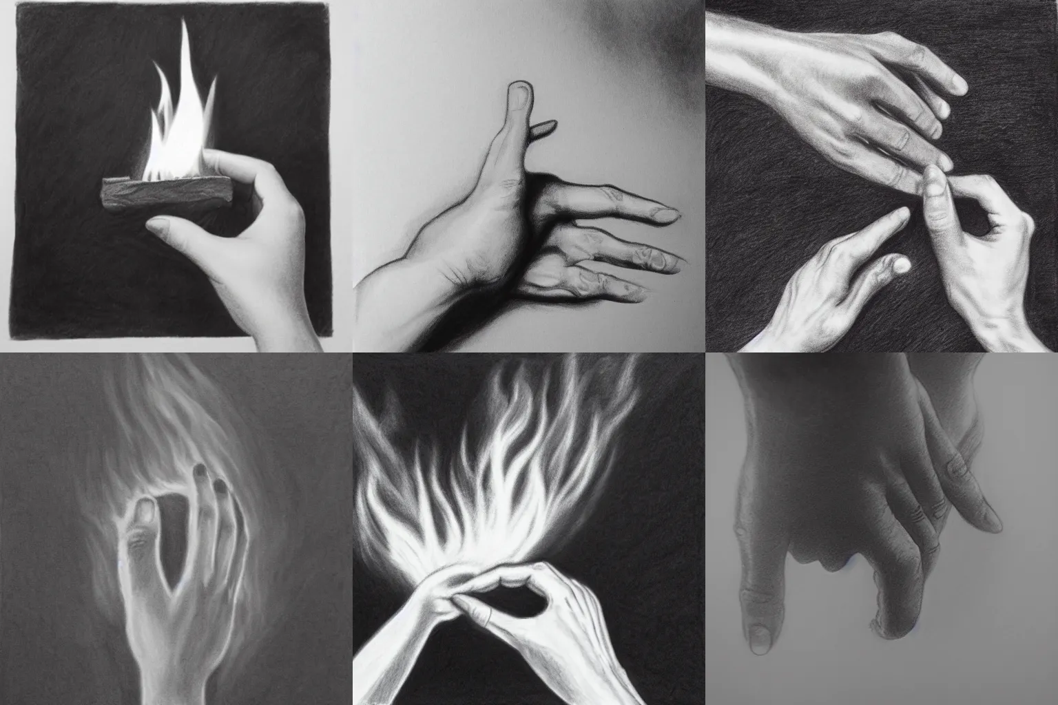 Prompt: a hand holding fire, black and white graphite drawing