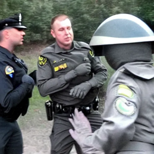 Image similar to extraterrestrial zeta reticulan grey alien, being arrested by spetsnaz