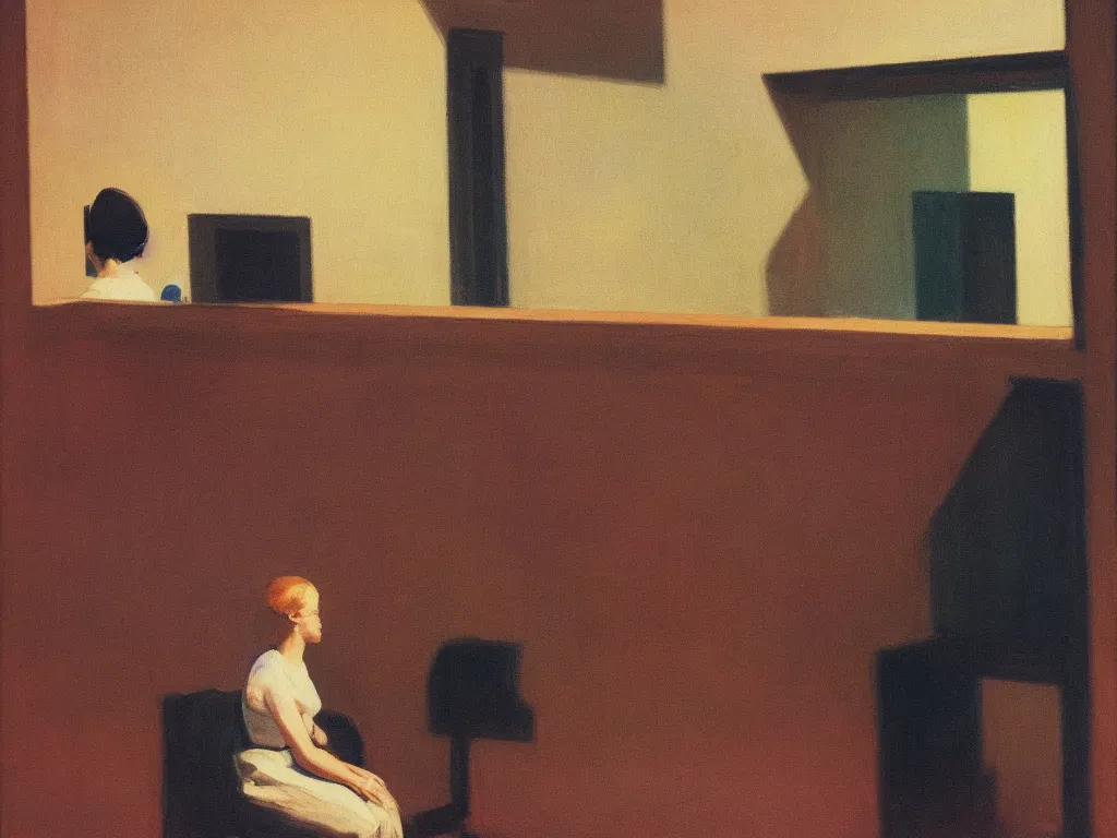 Prompt: America them great looking at itself in the mirror, edward hopper, color grain 35mm