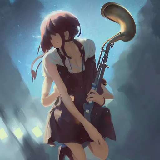Prompt: anime girl Playing the sax instrument , digital Art, Greg rutkowski, Trending cinematographic artstation