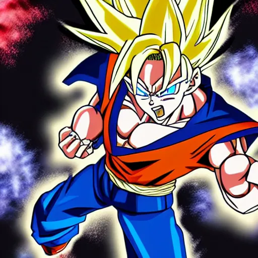 Image similar to vegetto from dragon ball throwing a kamehameha against donal trump, drawn in adward winning anime style