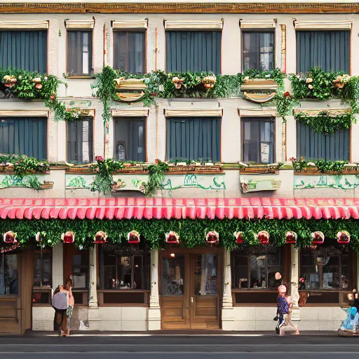 Image similar to charming mainstreet disneyland type building with ivy growing up it, octane render, hyperdetailed, photorealistic, natural light