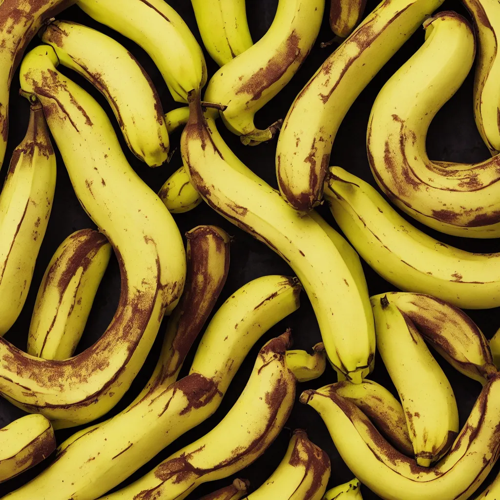 Image similar to very ripe patchwork bananas placed like a complex fractal, cracked, vegetable foliage, art nouveau fractal with petal shape, and stems, mesh roots. closeup, hyper real, food photography, high quality