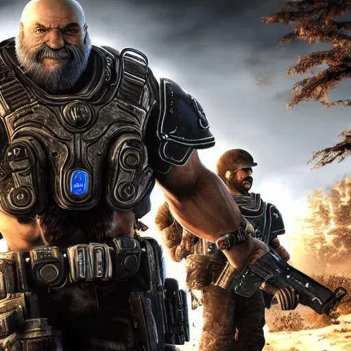 Prompt: Bob Ross in Gears of War, gloomy unreal engine 5 render