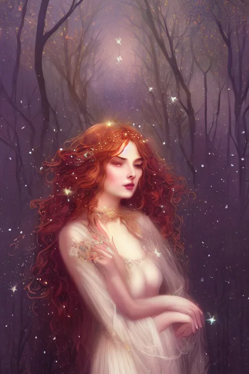Image similar to Nocturne, glowing, stars, beautiful sly dryad, long blonde hair, highly detailed, mysterious, ethereal, autumn colored medieval gown, haute couture, illustration, dramatic lighting, soft details, painting, by Edmund Blair Leighton, Brom, Charlie Bowater, trending on artstation, faces by otto schmidt