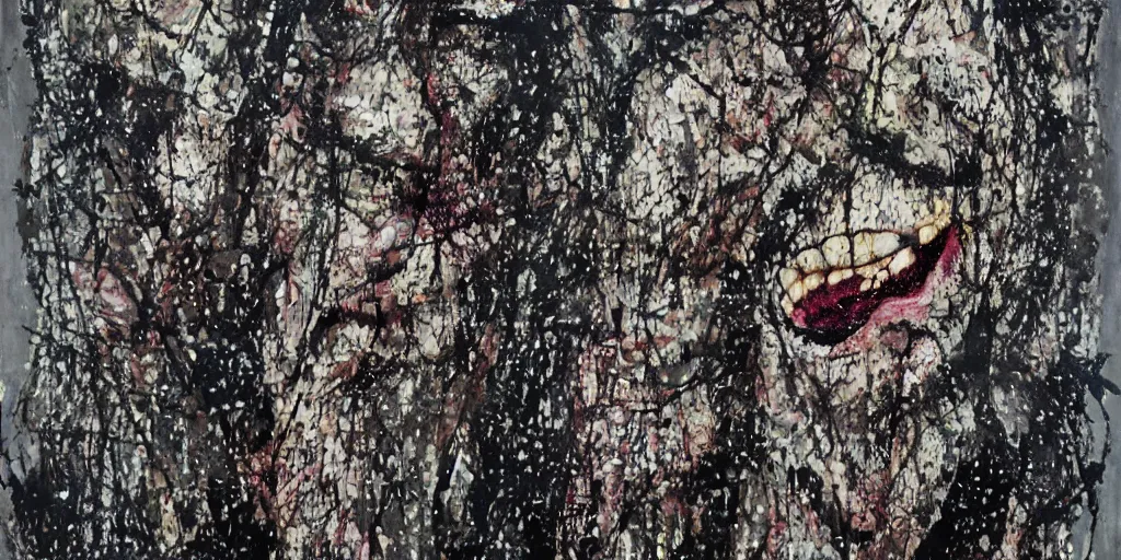 Image similar to camo made of teeth, smiling, abstract, francis bacon artwork, cryptic, dots, stipple, lines, splotch, color tearing, pitch bending, faceless people, dark, ominious, eerie, minimal, points, technical, old painting