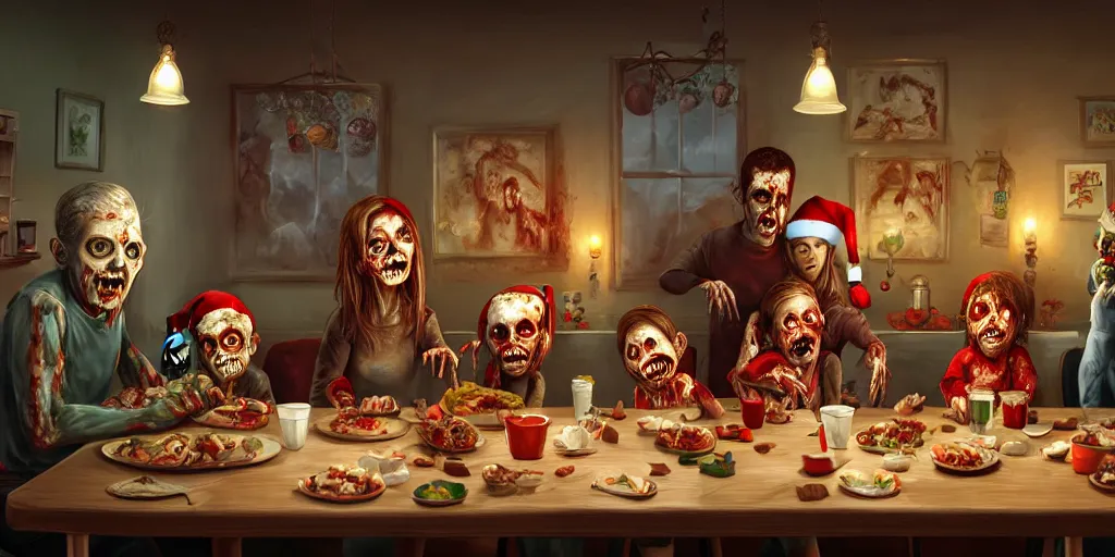 Image similar to a zombie family christmas diner, wide angle, super highly detailed, professional digital painting, artstation, concept art, smooth, sharp focus, no blur, no dof, extreme illustration, unreal engine 5, photorealism, hd quality, 8 k resolution, cinema 4 d, 3 d, beautiful, cinematic, art by wlop