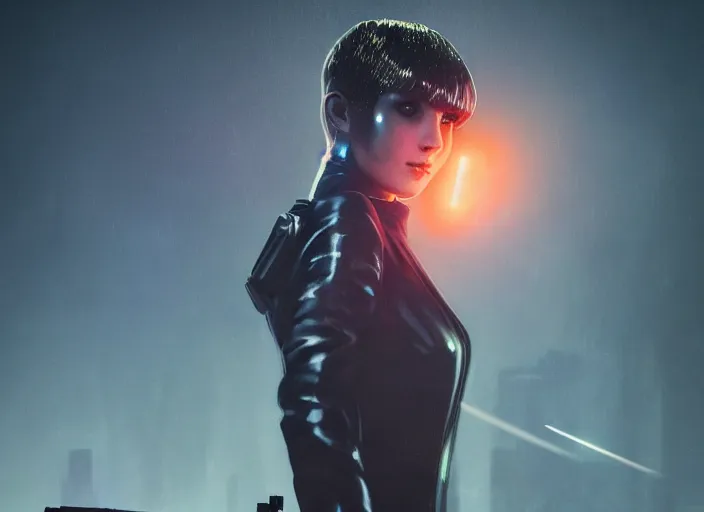 Image similar to blade runner 2049 hologram girl with laser cannon 8k trending on artstation