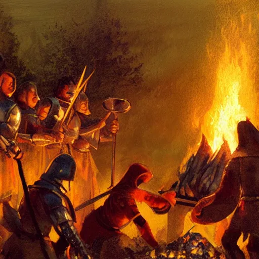 Image similar to a painting of medieval knights toasting marshmallows and making s'mores around the campfire in the style of howard pyle. volumetric lighting. 8 k resolution. best detail. trending on artstation trending on deviantart