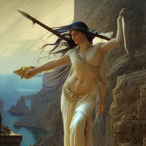 Image similar to Birth of Athena from the head of Zeus, hyperrealism, no blur, 4k resolution, ultra detailed, style of Greg Rutkowski, Carlos Schwabe, Dragan Bibin, Carl Spitzweg, Georges Desvallières, Tyler Edlin, Frank Frazetta