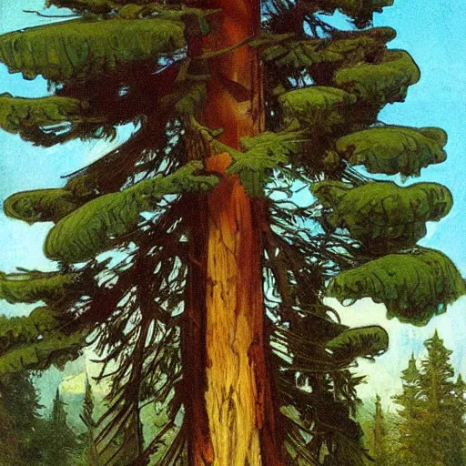 Prompt: painting of a tall pine tree by artgerm and by alphonse mucha and by albert bierstadt