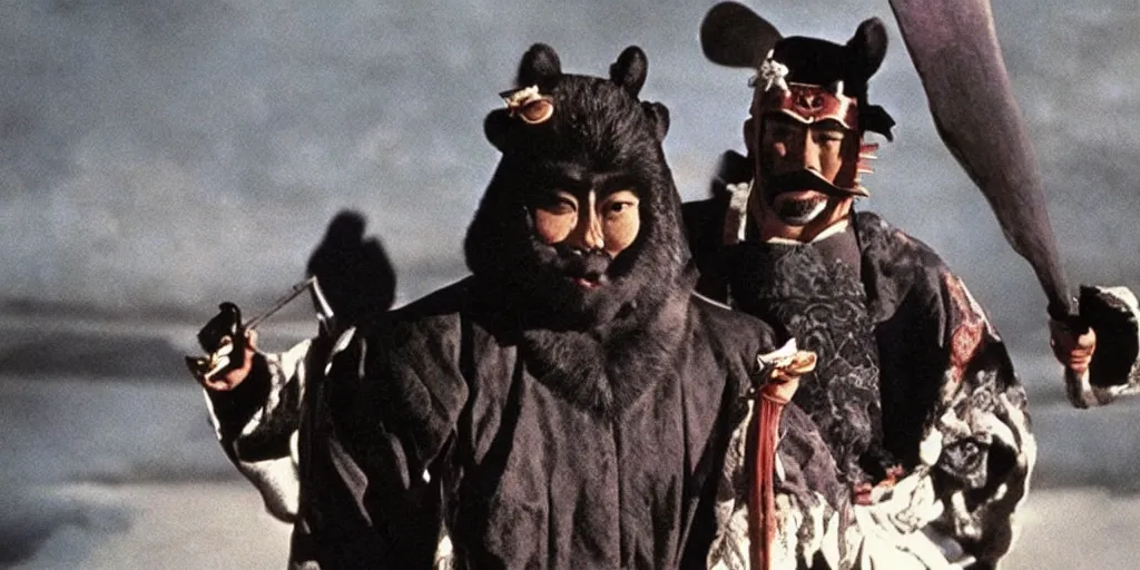 Image similar to scene from Shogun’s Shadow, 1989, movie still, cinematic, anthropomorphic, half man half asian black bear, black bear samurai, Moon Bear Samurai, epic, samurai