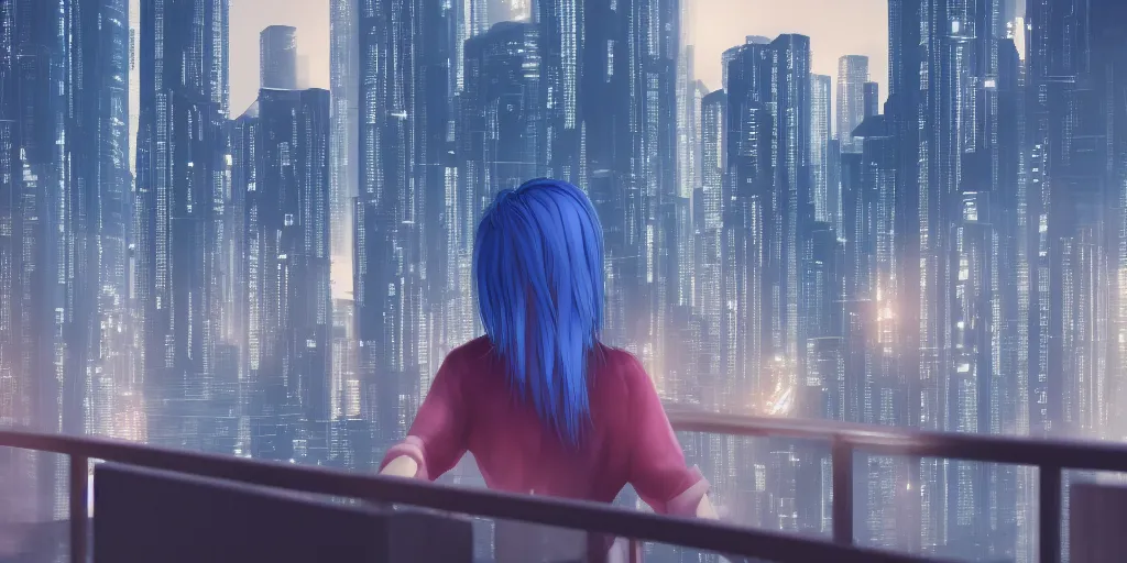 Image similar to Asian woman with blue hair on a balcony looking over a city skyline, sundown, photorealistic, cyberpunk