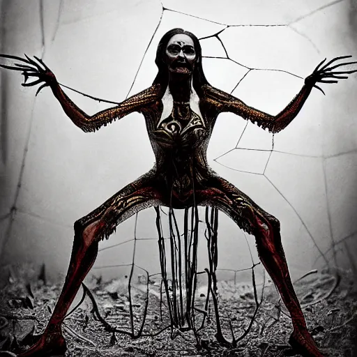 Image similar to 1860 photo of an old freak show body spider-woman, on the middle of a forest, spooky , veins, arteries, intricate, golden ratio, full frame, elegant, highly detailed, ornate, ornament, sculpture, elegant , luxury, beautifully lit, ray trace, 3d, PBR