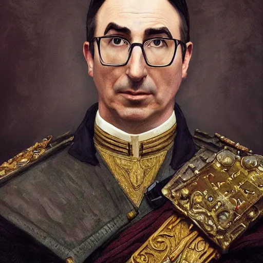 Image similar to portrait of stoic looking john oliver as the vigo carpathian painting, military uniform, fantasy, intricate, elegant, highly detailed, centered, dark, smokey, digital painting, artstation, concept art, smooth, sharp focus, illustration, art by artgerm and greg rutkowski and alphonse mucha