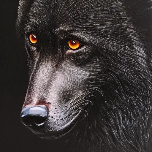 Image similar to Detailed portrait of a beautiful black wolf, dramatic lighting, dark background, bokeh, hyper realistic, HD, oil on canvas