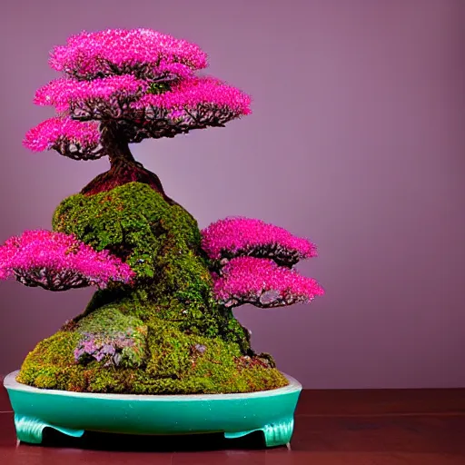 Image similar to A picture of a planet of various flowers, fungus and plants, Bonsai , in which the human figure is dressed in something magical and impressive, inside the picture is infinity, muted light, BotanicalAtmospheric phenomenon, artistic photography, muted colors, conceptual, Kodachrome