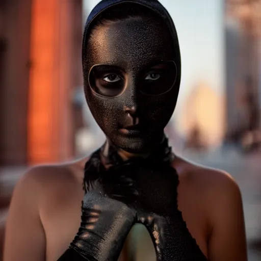 Image similar to beautiful female body silhouette, beautiful portrait, photography by amy leibowitz and filip fedorov, black latex female balaclava, female calendar, body painted with black fluid, urban city photography, close up portrait, cinematic still, film still, magic hour, dark mood, fashion portrait, cold colors, sony, kodak, long exposure