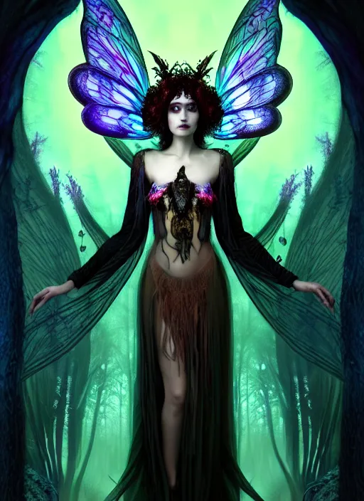 Prompt: stunningly beautiful female dark faerie priestess in amanita muscaria forest landscape, symmetrical wings on back, neon hair, fantasy art, wearing a dress of gossamer black, inner glow, illustration, dramatic lighting, soft details, painting, art nouveau, octane render, 8 k, hd, by edmund blair leighton, brom, charlie bowater, faces by otto schmidt