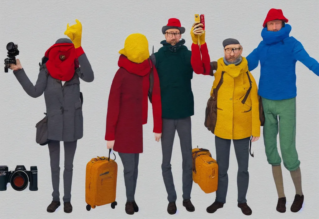 Image similar to full body portrait of a trio of european tourists cold climate travel apparel, with nikon cameras, various poses shooting photos, character designs painting, in the style of wes anderson, rene magritte, lola dupre, david hockney, isolated on white background, dark monochrome neon spraypaint accents volumetric octane render