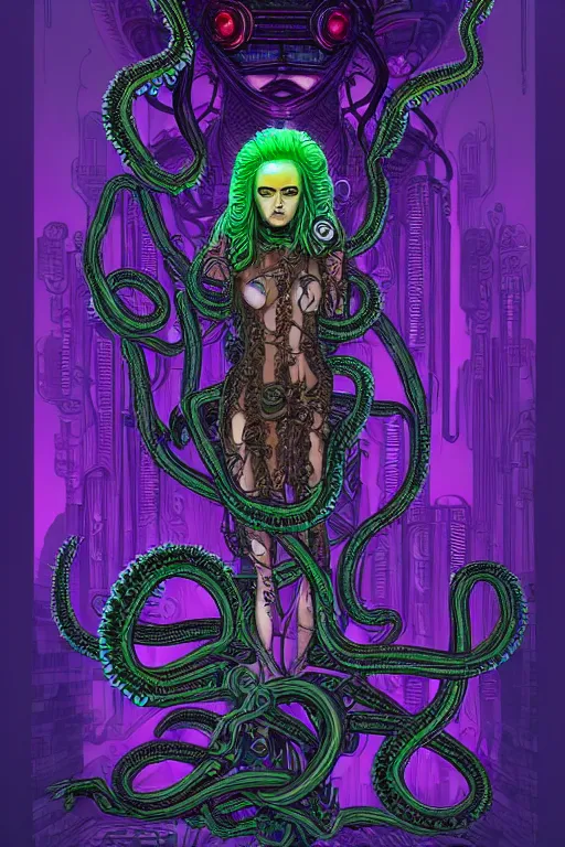 Image similar to Perfectly-centered hyperdetailed symmetrical cinematic surreal arthouse aetherpunk RPG professionally made portrait-illustration of a cyberpunk Medusa dressed in a lovecraftian dress with long ravepunk snakes as hair standing next to sinister otherworldly towers, bionic background, epic comic book cover style, 3D rim light, masterpiece, Gsociety, professional post-processing