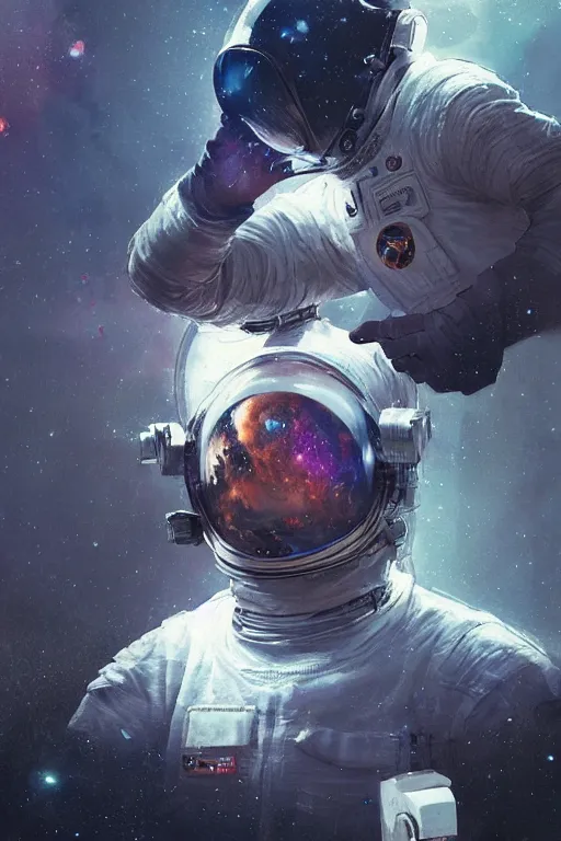 Image similar to the look of an astronaut musician with a cracked helmet and imperfections by artgem and greg rutkowski, highly detailed, high contrast, light reflection, trippy, nebula, trending on artstation