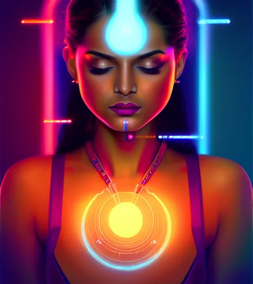 Image similar to symmetry!! indian princess of technology, solid cube of light, hard edges, product render retro - futuristic poster scifi, lasers and neon circuits, brown skin gorgeous indian princess, intricate, elegant, highly detailed, digital painting, artstation, concept art, smooth, sharp focus, illustration, dreamlike, art by artgerm