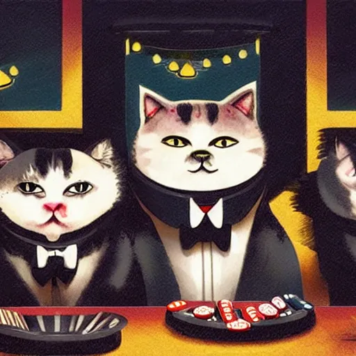 Image similar to fat mobster cats gambling at a table with a single light overhead, dark room, smoke fills the room, korean art style