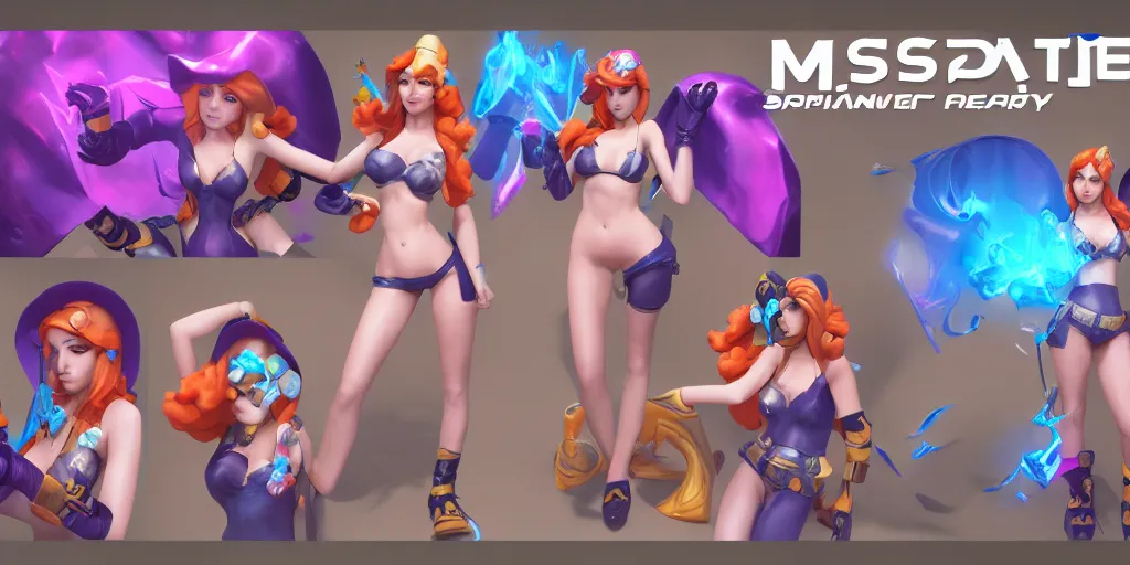 Image similar to Character sheet of pool party miss fortune (League of Legends). 3d, octane render, trending on artstation