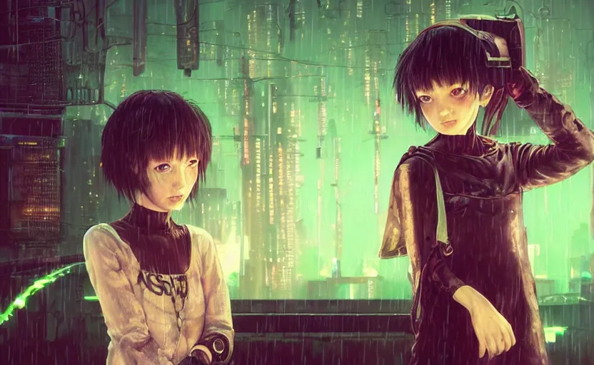 Image similar to an epic fantasy comic book style portrait painting of an extremely cute and adorable very beautiful cyberpunk lain ( serial experiments lain ) and a very imposing industrial goth trent reznor in the rain, neon reflections, character design by mark ryden and pixar and hayao miyazaki, unreal 5, daz, hyperrealistic, octane render, cosplay, rpg portrait, dynamic lighting, intricate detail, cinematic