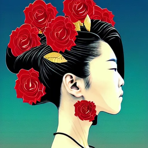 Image similar to portrait of japenese woman :: side profile :: in ocean :: roses and guns metal details :: gold :: blood and horror :: by marvel and Sandra Chevrier