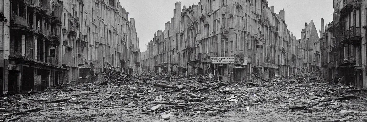 Image similar to a colour photo of the street of saint - malo after being bombed in 1 9 4 5 at night