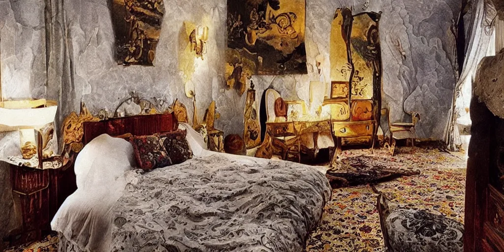 Image similar to a cozy bedroom decorated by Salvador Dali, detailed, high resolution, wow!, intricate