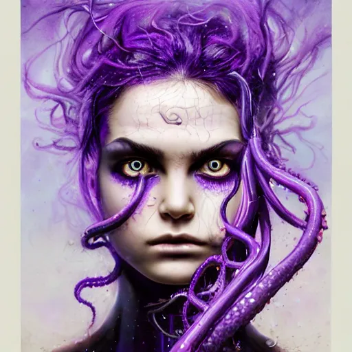 Image similar to detailed photo portrait of a furious teen girl with thin, hair-like purple tentacles on her head and bright purple eyes, 8k,by tristan eaton, Stanley Artgermm,Tom Bagshaw,Greg Rutkowski,Carne Griffiths,trending on DeviantArt, face enhance,hyper detailed ,full of colour, dramatic lightning