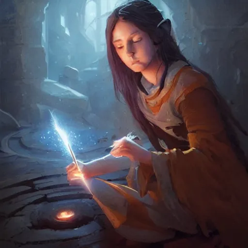 Image similar to A young female wizard, successfully casting her first spell, fantasy art by Greg Rutkowski