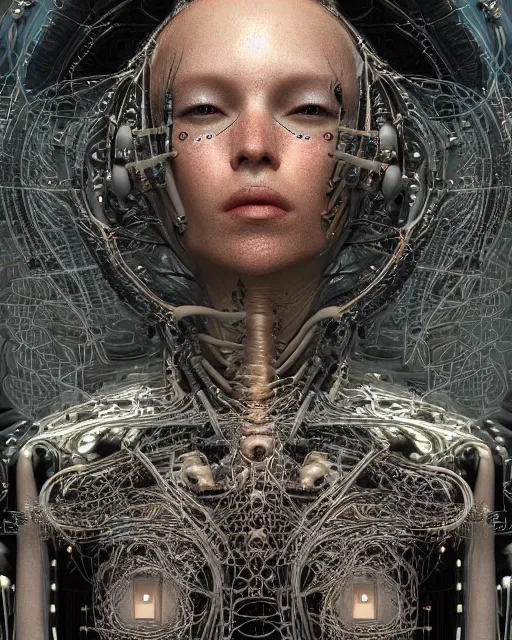 Image similar to timeless cybernetic deity with circuitry skin and networked mind tripping on acid, intricate detail, royo, whealan, giger, klimt, hd, octane render, unreal engine,