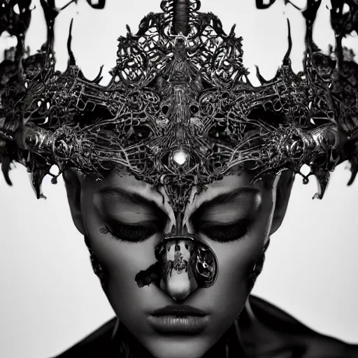 Prompt: a female model by stefan geselle and nekro borja, photorealistic, biomechanical, intricate details, hyper realistic, ornate headpiece, dark beauty, photorealistic, canon r 3, photography, wide shot, photography, dark beauty, symmetrical features