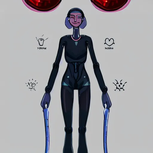 Image similar to Tall sweet woman with an athletic build. She is a bio-machine. There is a crystal in her chest that can be removed. She lost her arms in a fight and now has to use cybernetic ones that attach at the shoulder. Her face and eyes are sharp but kind. Facial features fit her face. Small ears. She has a tail that she wraps around her waist at times. Her hair is in a slightly messy bob and colored light blue. Digital character design art trending on artstation.