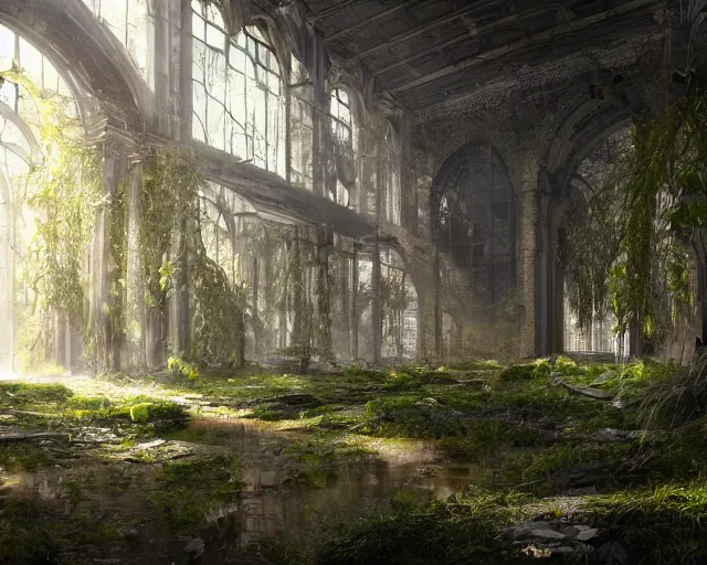 Prompt: In the midst of a densely overgrown ruin, a large space with sunlight filtering through the broken windows, a high ceiling, a vast floor, flooded with crystal clear water, gorgeous, trending on Artstation, digital art