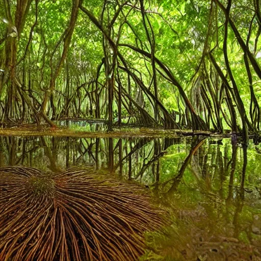 Prompt: massive still lake, mangrove woods, roots, subtle patterns, intricate texture, highly detailed, fungal, light shafts, light diffusion, natural, fireflies, magical, ferns, magical spores, wildlife,