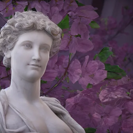Image similar to a marble statue covered in flowers, full frame, cinematic light, 8k, unreal engine,